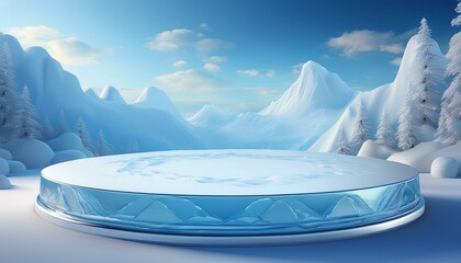 Wall Mural - Winter-themed 3D podium, ice design, snowy mountain, frozen platform, blue sky, and cool glacier landscape.