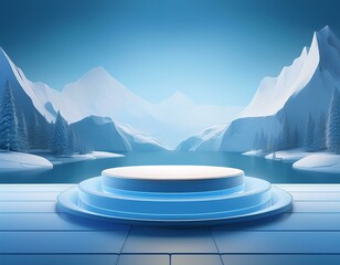 Poster - Winter-themed 3D podium, frozen ice background, snow-covered mountain, glacier platform, blue minimalist landscape.