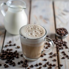 Sticker - A glass mug of frothy coffee with milk and scattered coffee beans on a rustic wooden table.