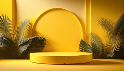 Yellow 3D podium with a tropical summer background for product display, featuring a minimalistic stage and beauty scene.