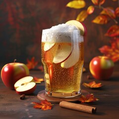 Wall Mural - A glass of apple cider with cinnamon sticks and apples on a wooden table.