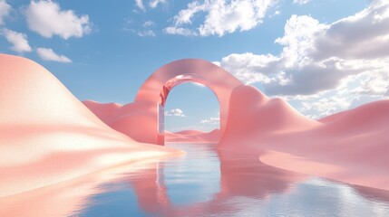 3D render of a modern abstract surreal landscape featuring a blue sky with white clouds pink sand dunes tranquil water and a mirrored geometric arch Dreamlike scenery