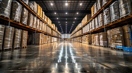 A spacious warehouse filled with neatly stacked pallets and shelves, illuminated by bright overhead lights at midday