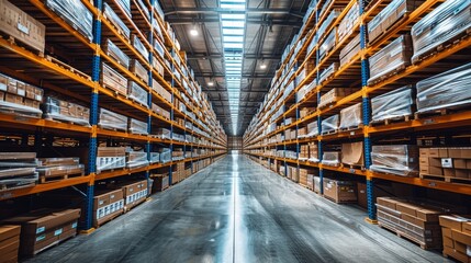 A wide view of an organized warehouse with tall shelves filled with neatly packaged boxes during daylight hours