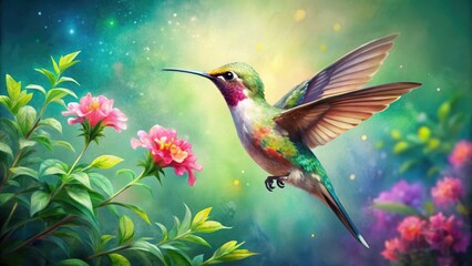 Wall Mural - Delicate hummingbird sips nectar from a vibrant flower amidst lush green foliage, rendered in soft, dreamy watercolor hues and gentle brushstrokes.