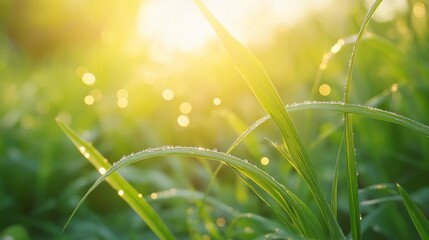 Dew on grass blades glistening in the morning sun, fresh weather, nature awakening