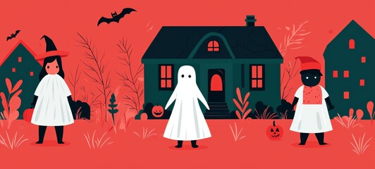 Wall Mural - Children in Halloween Costumes Trick-or-Treating in Front of Spooky Houses with Bats and Pumpkins