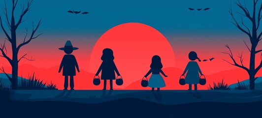 Wall Mural - Children Trick-or-Treating at Sunset on Halloween Night with Red Sky and Bats Silhouetted in the Background