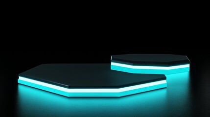 Poster - Design technology sci-fi interior concept. Futuristic blue glowing empty showroom. Digital rendering of a futuristic futuristic podium, futuristic blue glowing empty showcase.
