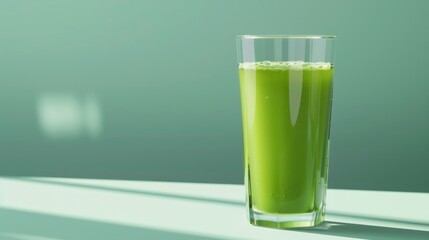 Wall Mural - A glass of green juice on a table with a light green background.