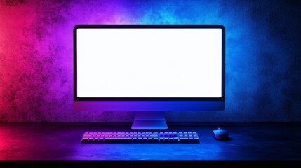 Poster - Blue and purple lights on the background and curtain of a game room computer desktop, white screen mockup for a modern PC computer, gaming keyboard. 3D rendering illustration.