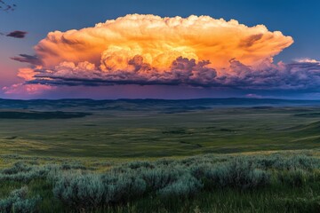 Wall Mural - Dramatic sunset clouds over a vast landscape in the evening sky