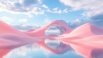 3D render of a modern abstract surreal landscape featuring a blue sky with white clouds pink sand dunes tranquil water and a mirrored geometric arch Dreamlike scenery