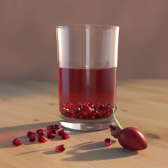 Wall Mural - A glass of pomegranate juice with seeds on a wooden table.