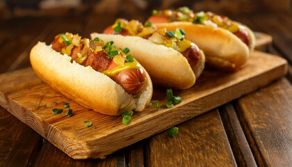 Wall Mural - Delicious grilled hot dogs in toasted buns, topped with mustard, onions, fresh herbs and bacon