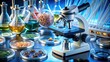 © Man888 - Detailed microscopic view of a biological specimen on a glass slide, surrounded by research equipment and laboratory tools, highlighting scientific investigation and discovery.