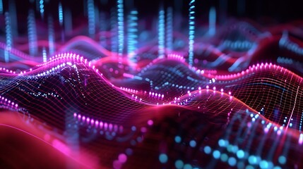Poster - A digital artwork showcasing frequency signal waves, with sharp, crisp lines in varying amplitudes, represented in neon colors, creating a futuristic and high-tech atmosphere