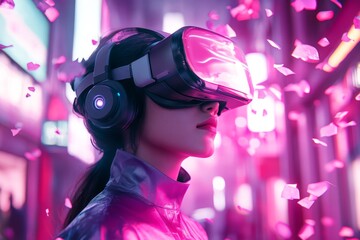 Young woman explores the metaverse's virtual space with a VR headset. Concept art for gaming, entertainment, and entertainment technology.