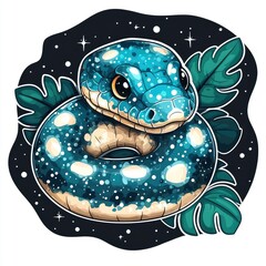 Canvas Print - Cute Cartoon Snake with Stars and Leaves