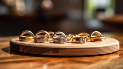 Sticker - Gold and Silver Rings on a Wooden Plate