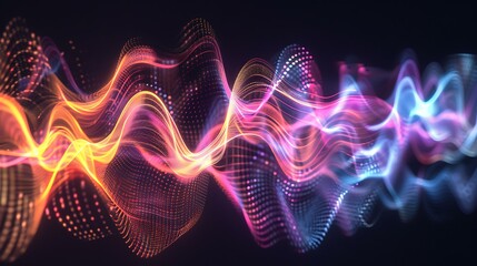 Poster - A visual representation of frequency signal waves, displaying multiple sine waves in various colors, smoothly oscillating across a dark background with glowing edges to emphasize the rhythm