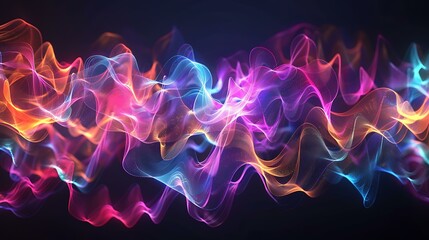 Poster - A visual representation of frequency signal waves, displaying multiple sine waves in various colors, smoothly oscillating across a dark background with glowing edges to emphasize the rhythm