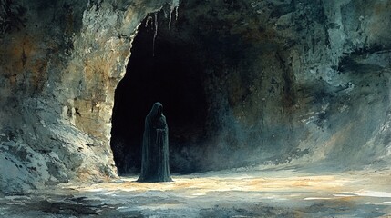 Eerie Watercolor Illustration of Mysterious Hooded Figure at Dark Cave Entrance