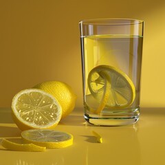 Wall Mural - A glass of water with a lemon slice, and fresh lemons on a yellow background.