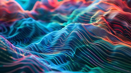 Aufkleber - An abstract depiction of signal waves, where intricate patterns of undulating lines in blue, green, and red traverse the frame, simulating the movement of sound or radio waves in a digital space