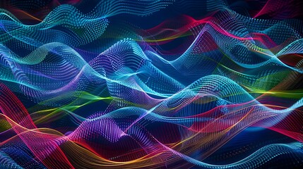 Poster - An abstract depiction of signal waves, where intricate patterns of undulating lines in blue, green, and red traverse the frame, simulating the movement of sound or radio waves in a digital space
