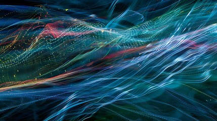 Aufkleber - An abstract depiction of signal waves, where intricate patterns of undulating lines in blue, green, and red traverse the frame, simulating the movement of sound or radio waves in a digital space