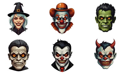 Set of cartoon horror devil, frankenstein, clown, witch, vampire, mummy character faces. vector illustration of evil devil, frankenstein, clown, witch, vampire, mummy smile scary circus monsters.