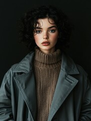 Wall Mural - Young woman in a turtleneck and coat, curly hair, black backdrop