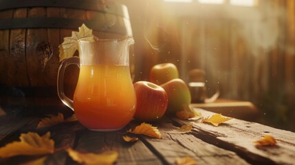 Poster - A glass pitcher of juice sits on a rustic wooden table with apples and autumn leaves.