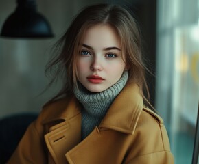 Wall Mural - Young woman in a cozy sweater enjoying a warm indoor ambiance