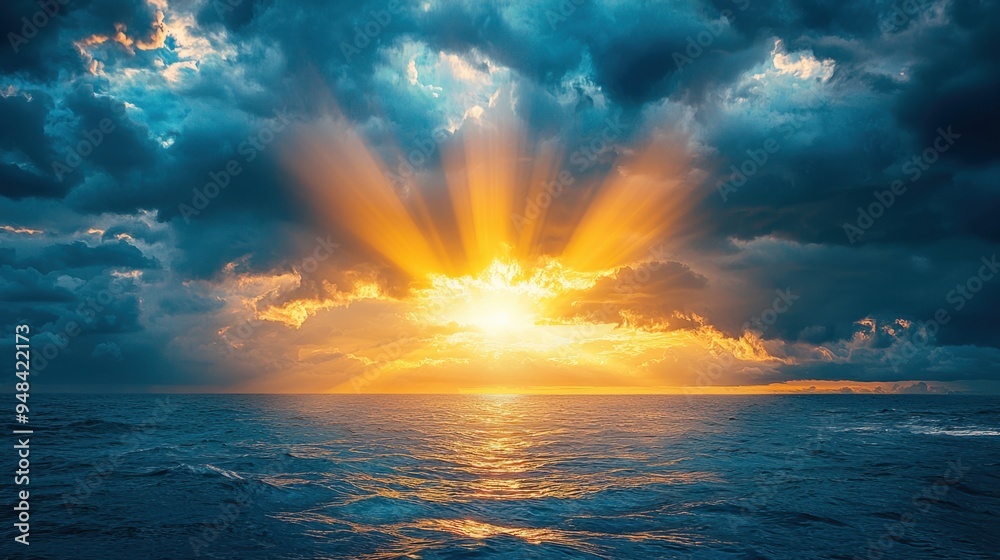Embracing Hope: Sun Rays Piercing Through Dark Storm Clouds Over Ocean ...
