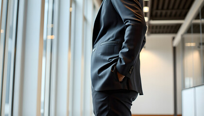 Waist-up portrait of confident young psychologist wearing elegant suit posing for photography while standing at modern office isolated with white highlights, png