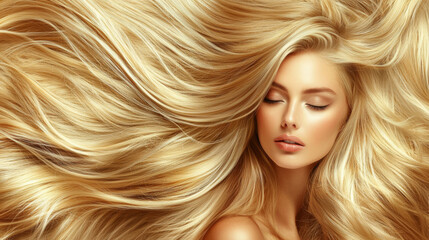 A woman with long blonde hair is shown in a close up. The hair is long and flowing, and the woman has a beautiful smile. Concept of confidence and happiness