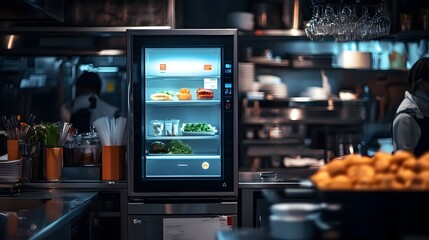 Poster - a photograph showcasing a smart refrigerator equipped with digital displays and monitoring systems