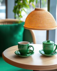 Cozy coffee scene featuring two green cups on a wooden table with a warm pendant light, perfect for a relaxing atmosphere.