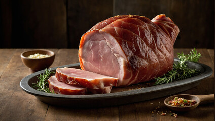 A beautifully roasted ham sits on a rustic wooden cutting board, garnished with fresh herbs and salt, showcasing its rich color and inviting presentation ready for serving.