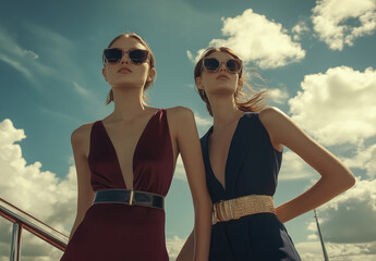 Canvas Print - two female models wearing sunglasses and modern, elegant outfits standing on the deck in front of an open sky with clouds