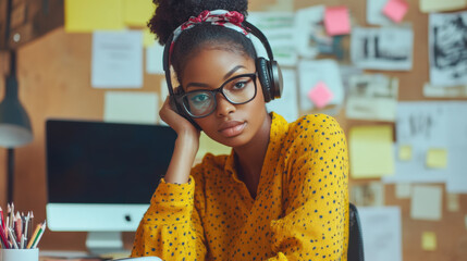 Wall Mural - Black female entrepreneur, planning business growth, headphones on, surrounded by