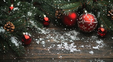 Canvas Print - Red ornaments and pine branches