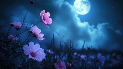 Wall Mural - Romantic night scene - Beautiful pink flower blossom in garden with night skies and full moon.