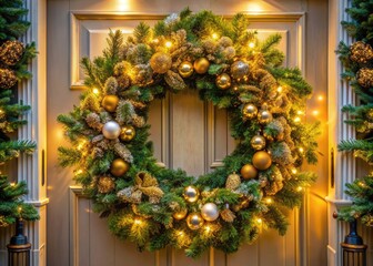 Canvas Print - Elegant Christmas wreath adorned with golden garlands and twinkling night lights welcomes guests to a festive home entrance, perfect for holiday celebrations.