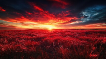 Poster - A striking scene of a red grass field beneath a fiery sunset sky, where the warm colors of the setting sun contrast