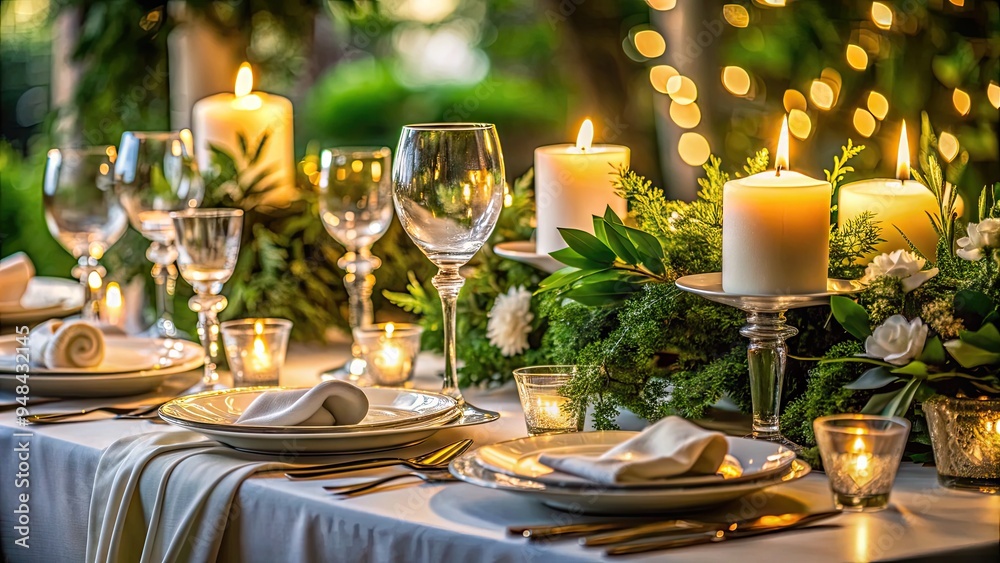 Elegant table setting with crisp white linens, fine china, and ...