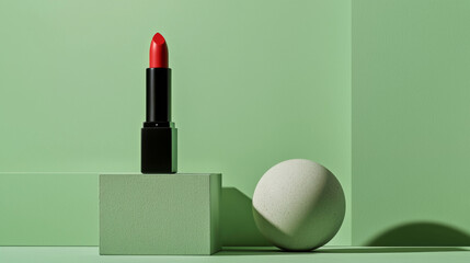 A red lipstick is placed on a green surface next to a white egg