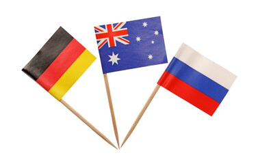 Wall Mural - Small paper flags of Russia, Australia and Germany isolated on white